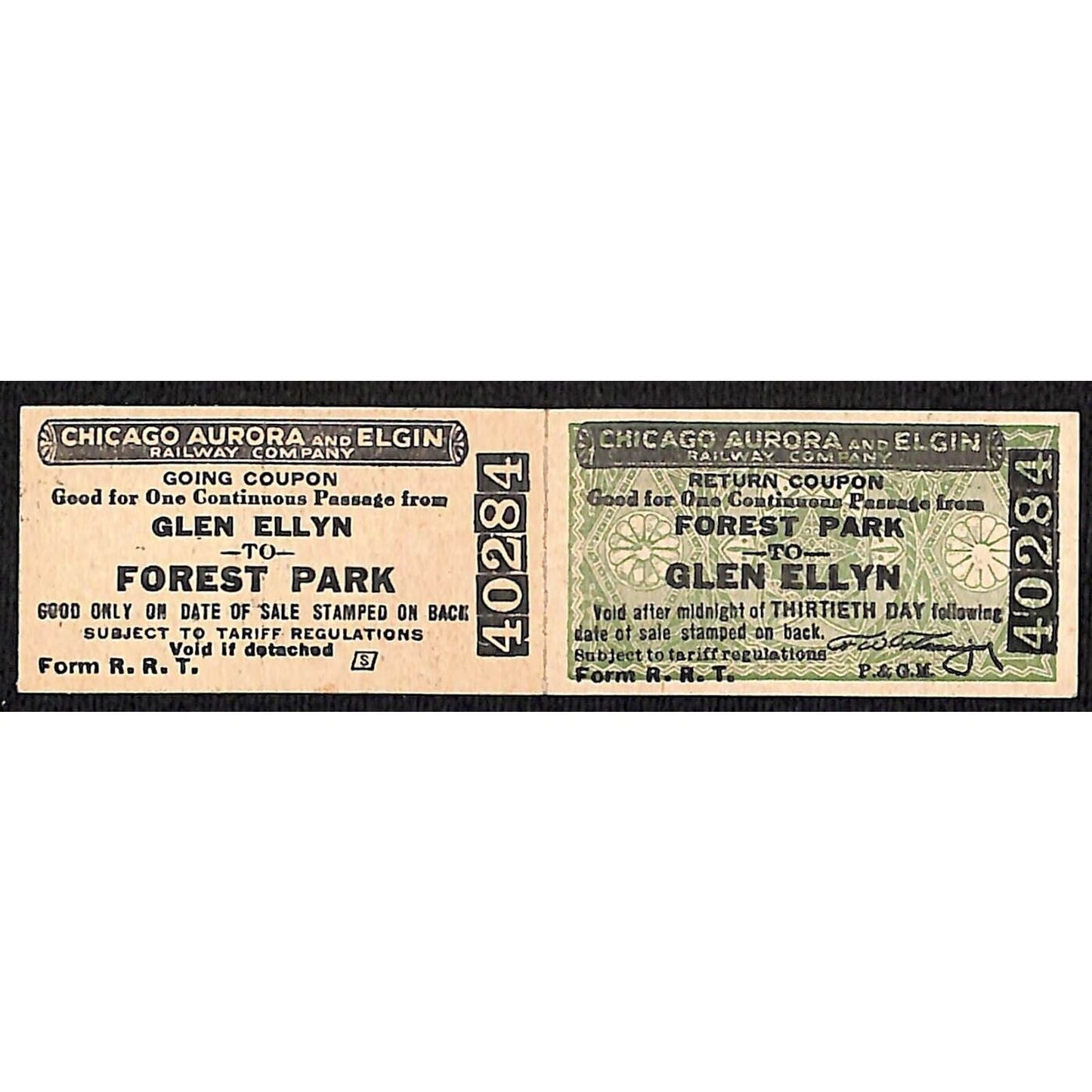 Chicago, Aurora and Elgin Railway Double Ticket Forest Park Glen Ellyn #40284