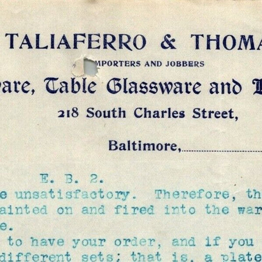 c1901 Letterhead Taliaferro & Thomas Queensware Baltimore - Ephraim Baker*
