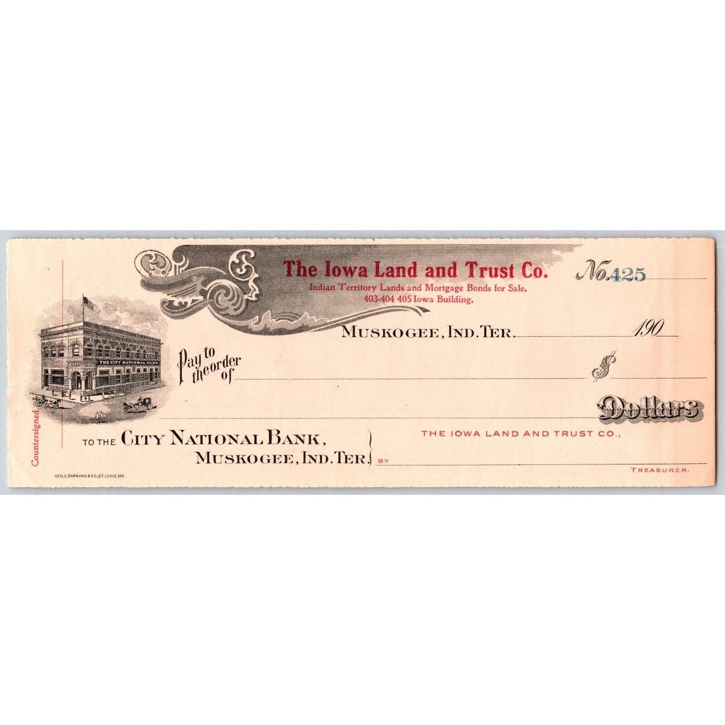 Muskogee, OK Indian Territory c1907 Iowa Land & Trust Co. Bank Check Scarce