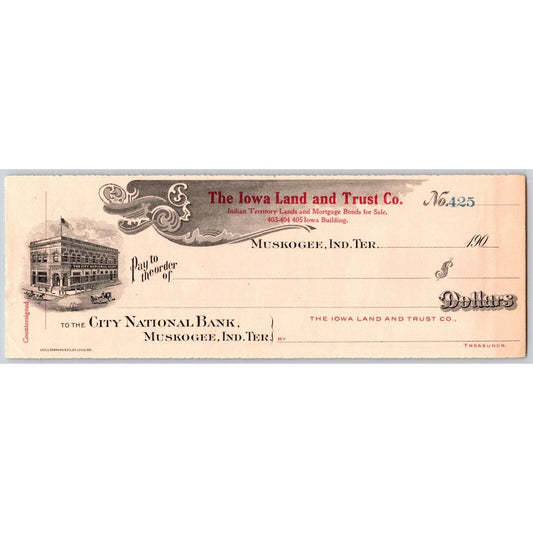 Muskogee, OK Indian Territory c1907 Iowa Land & Trust Co. Bank Check Scarce