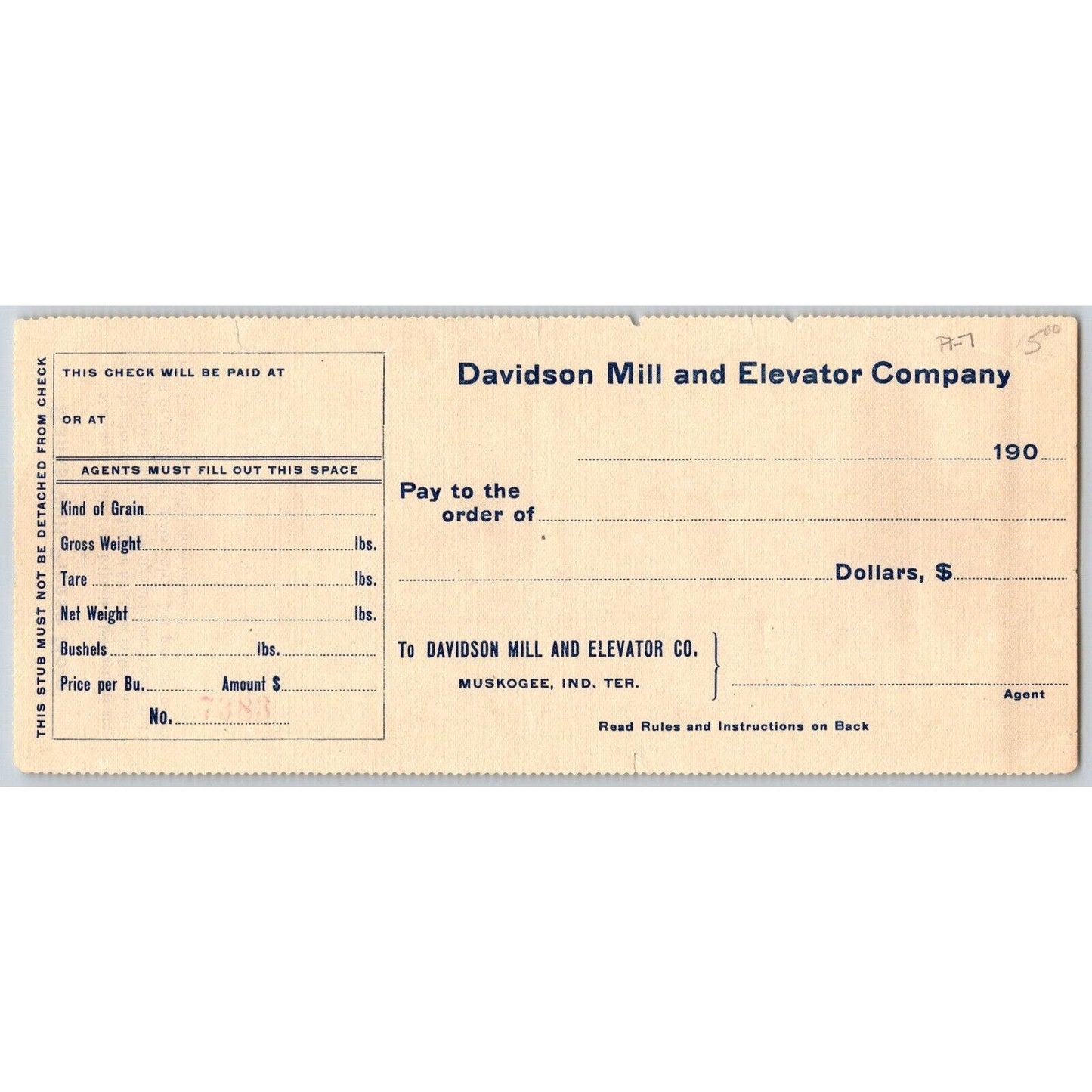 Muskogee, OK c1900-07 Davidson Mill and Elevator Co, Bank Check - Scarce
