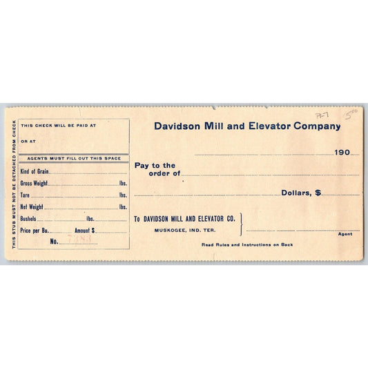 Muskogee, OK c1900-07 Davidson Mill and Elevator Co, Bank Check - Scarce