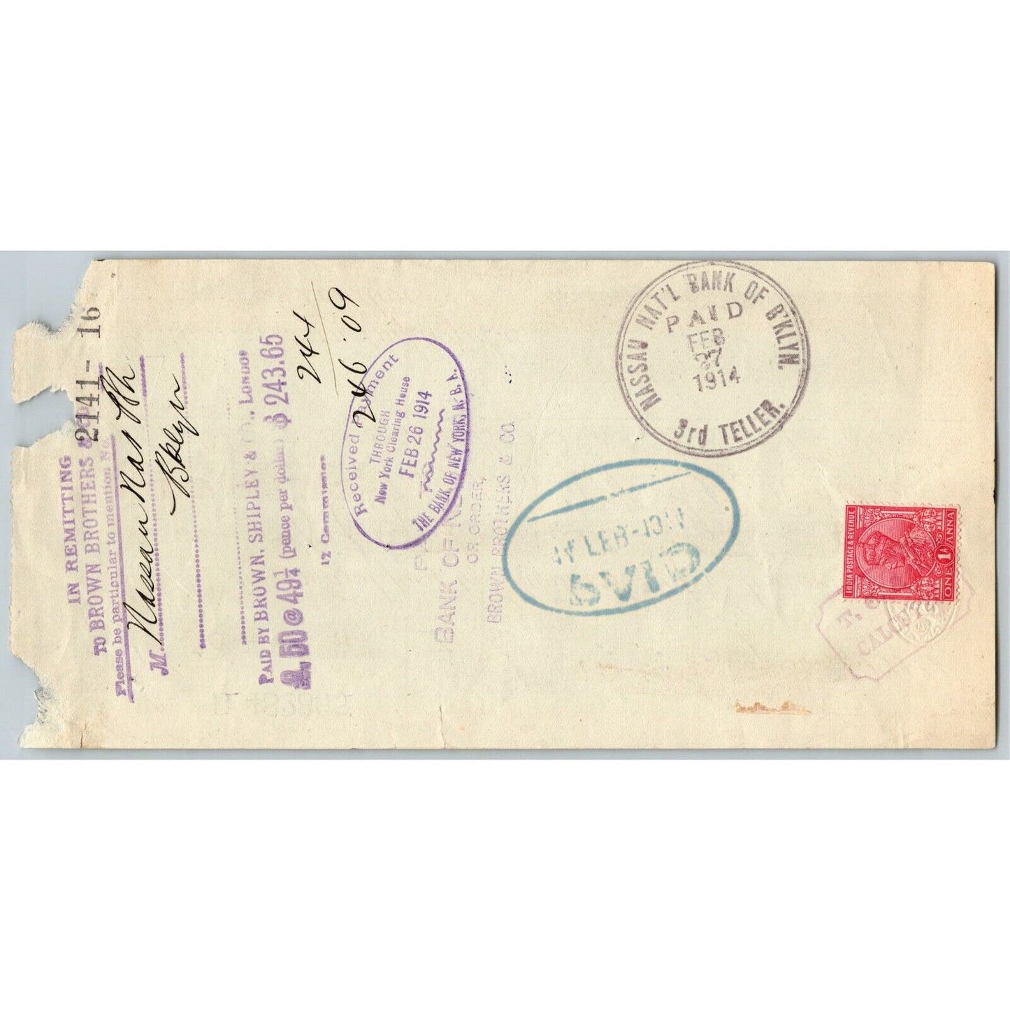 1914 Brown & Shipley Co. London Thomas Cook & Son $50 Bank Check Tax Stamps
