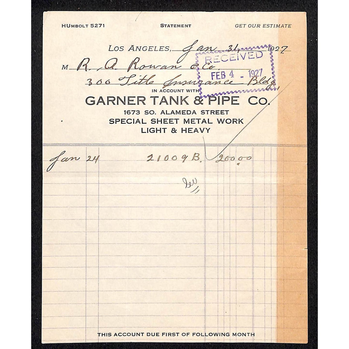 Garner Tank & Pipe Sheet Metal Los Angeles 1927 Billhead Letterhead R.A. Rowan
