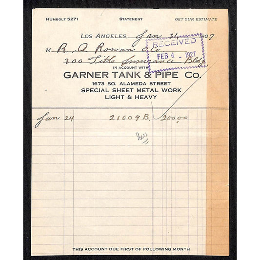 Garner Tank & Pipe Sheet Metal Los Angeles 1927 Billhead Letterhead R.A. Rowan