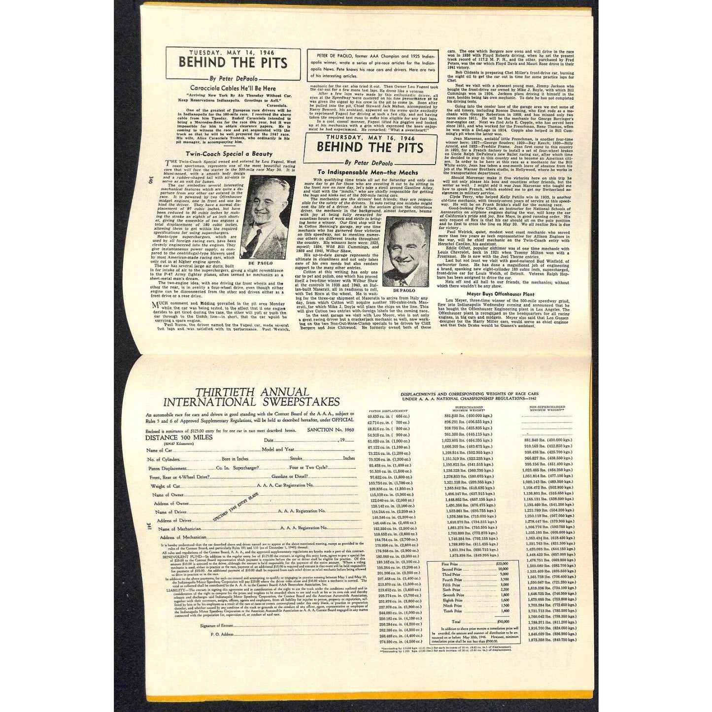 1946 Indy 500 Floyd Clymer's Indianapolis 500 Mile Supplement IMS 32pp. VGC