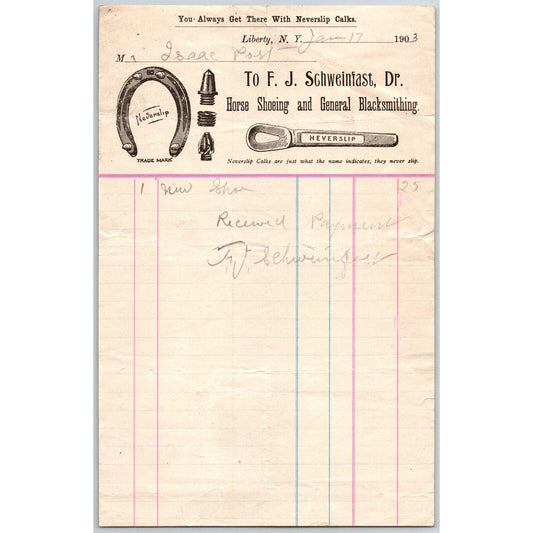 Liberty, NY F.J. Schweinfast Horse Shoeing & Blacksmithing Jan 17 1903 Billhead