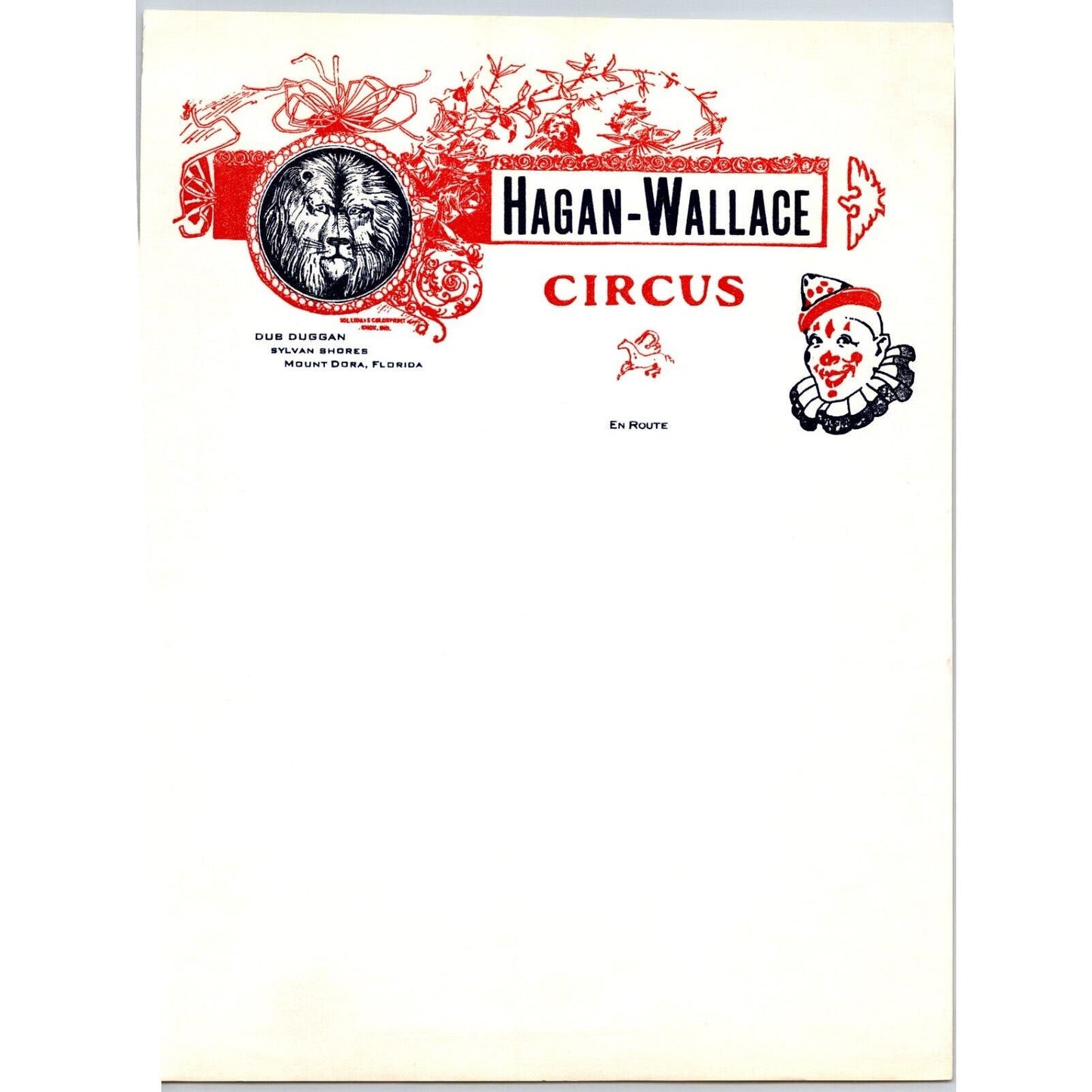 Hagan Wallace Circus Letterhead c1966 Mount Dora, FL Lion Clown Scarce