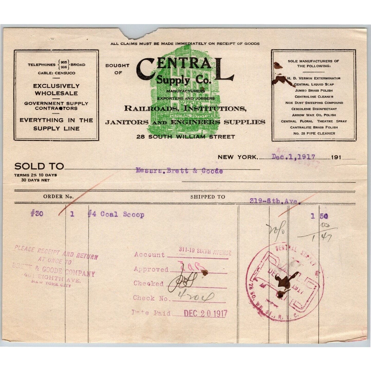 1917 Central Supply Co. Soap Brass Polish Billhead Letterhead South William NYC