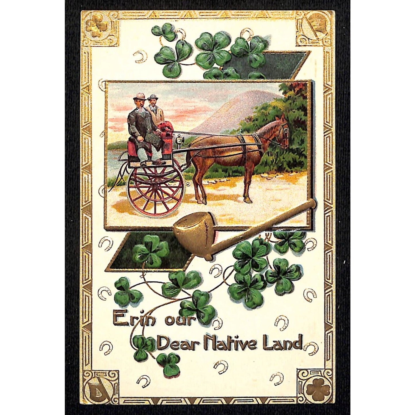 Ireland Postcard Clovers Pipe Horse Carriage Shoes Emboss w/ Gilt PM1913