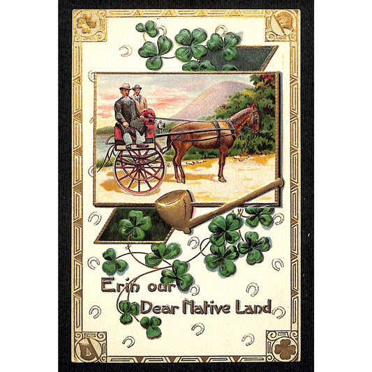 Ireland Postcard Clovers Pipe Horse Carriage Shoes Emboss w/ Gilt PM1913