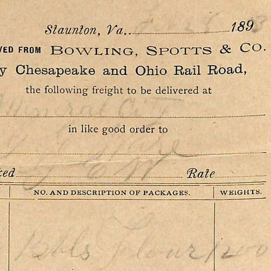 1893 Scarce Bowling, Spotts & Co. / Chesapeake RR Freight Billhead Letterhead