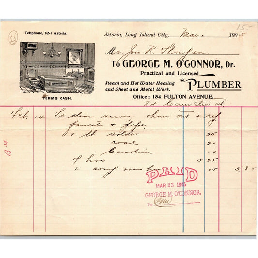 1905 Astoria LIC, NY Letterhead George M. O'Connor Plumber Steam & Hot Water