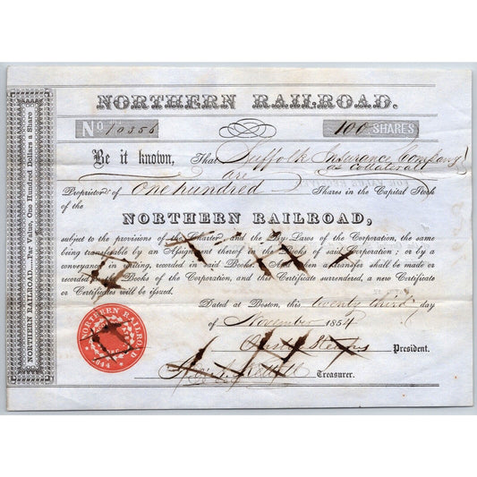 1854 Boston, MA Northern Railroad Stock Certificate No. 10356 for 100 Shares