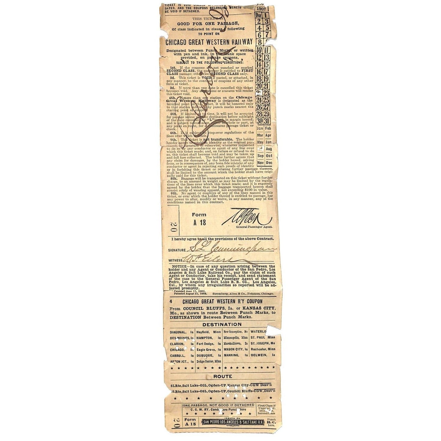 Chicago Great Western Railway Railroad Ticket 1910 CGW