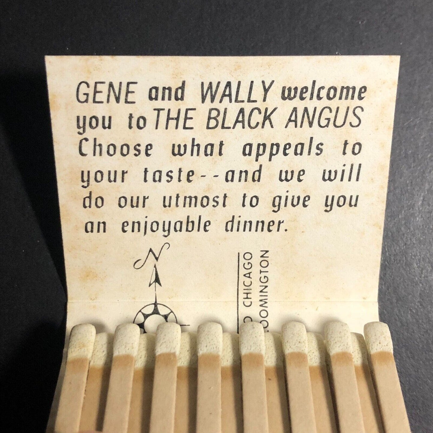 Black Angus Restaurant Springfield, IL Full Matchbook c1974-80's "Gene / Wally"