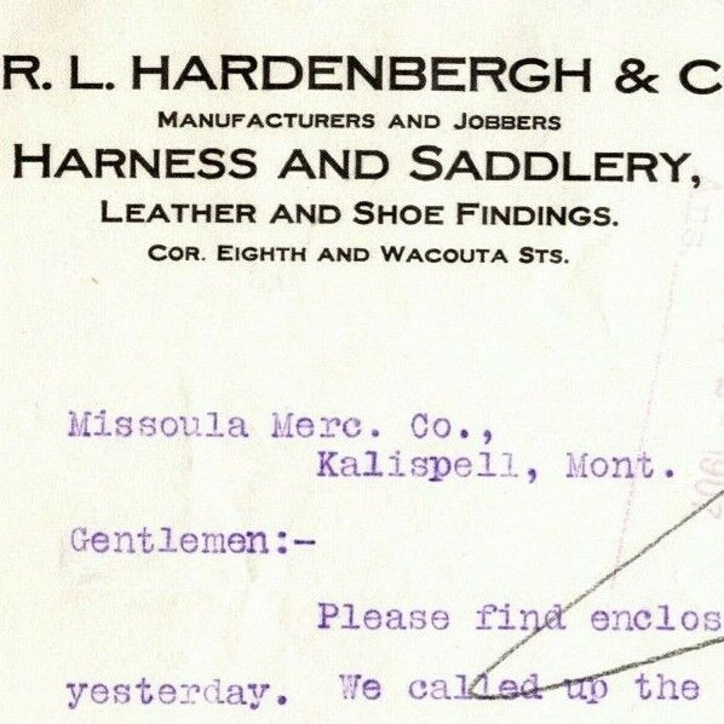 1907 P.R.L. Hardenbergh & Co. Harness & Saddlery, St. Paul, MINN Note RE: Inv.