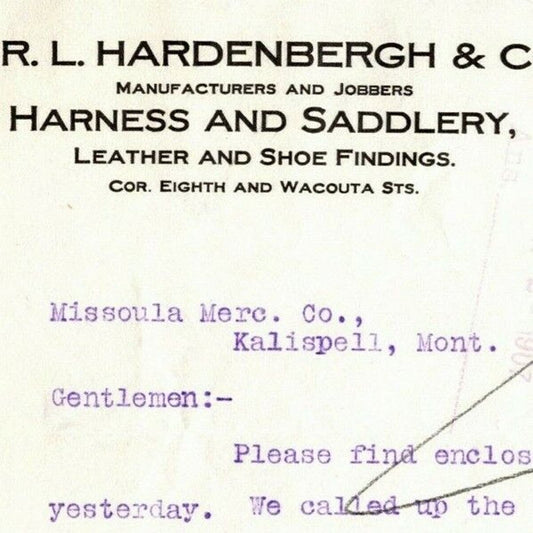 1907 P.R.L. Hardenbergh & Co. Harness & Saddlery, St. Paul, MINN Note RE: Inv.