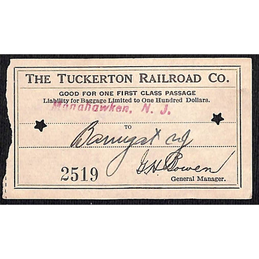 1931 Tuckerton Railroad Manahawken, NJ Group of 9 First Class Tickets