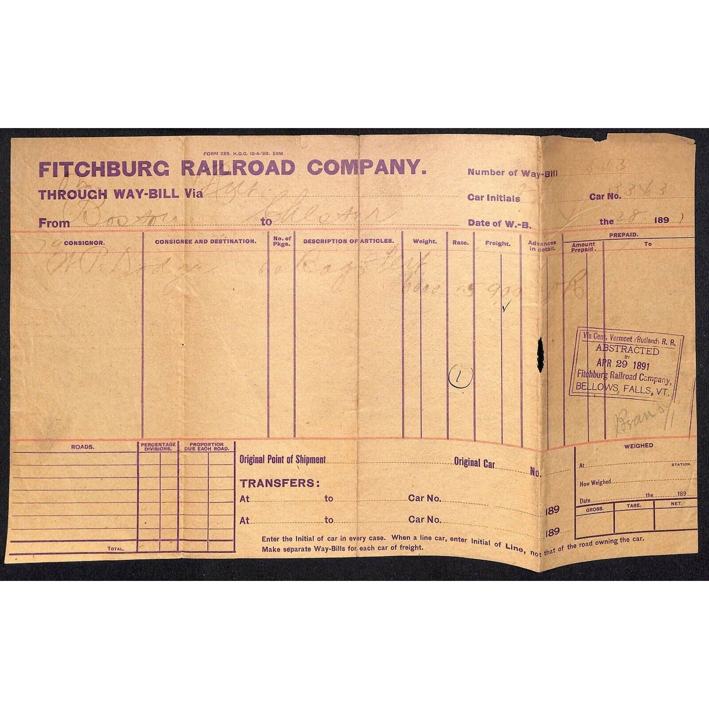 Fitchburg Railroad Co. Bellows Falls, VT 1891 Through Way-bill Sheet
