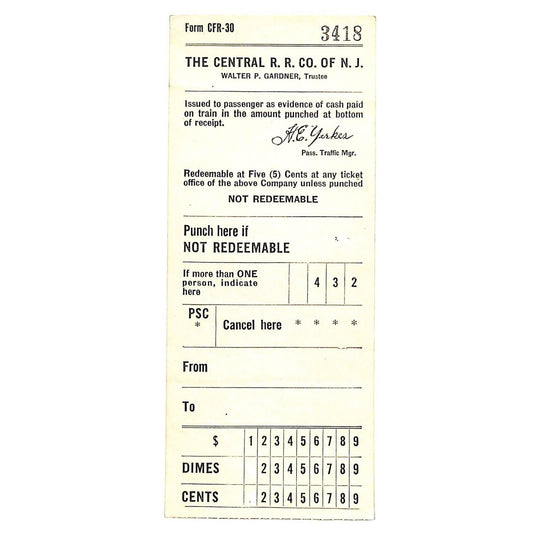 Central Railroad Co. of New Jersey Cash Receipt - Redeemable for 5c