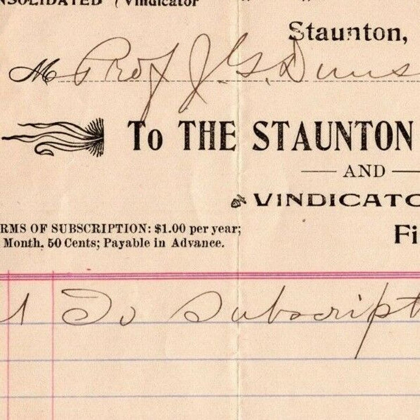 1906 Scarce Staunton Spectator and Vindicator Newspaper Billhead Letterhead VA