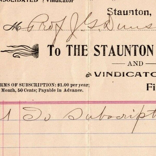 1906 Scarce Staunton Spectator and Vindicator Newspaper Billhead Letterhead VA
