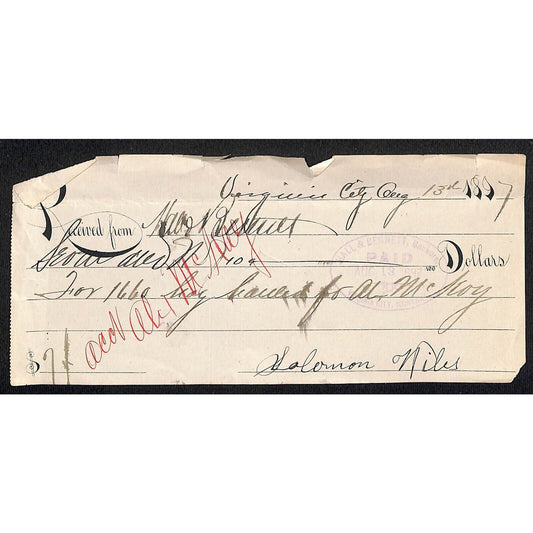 1897 Virginia City Montana Payment Receipt - Attractive Type Face / Font