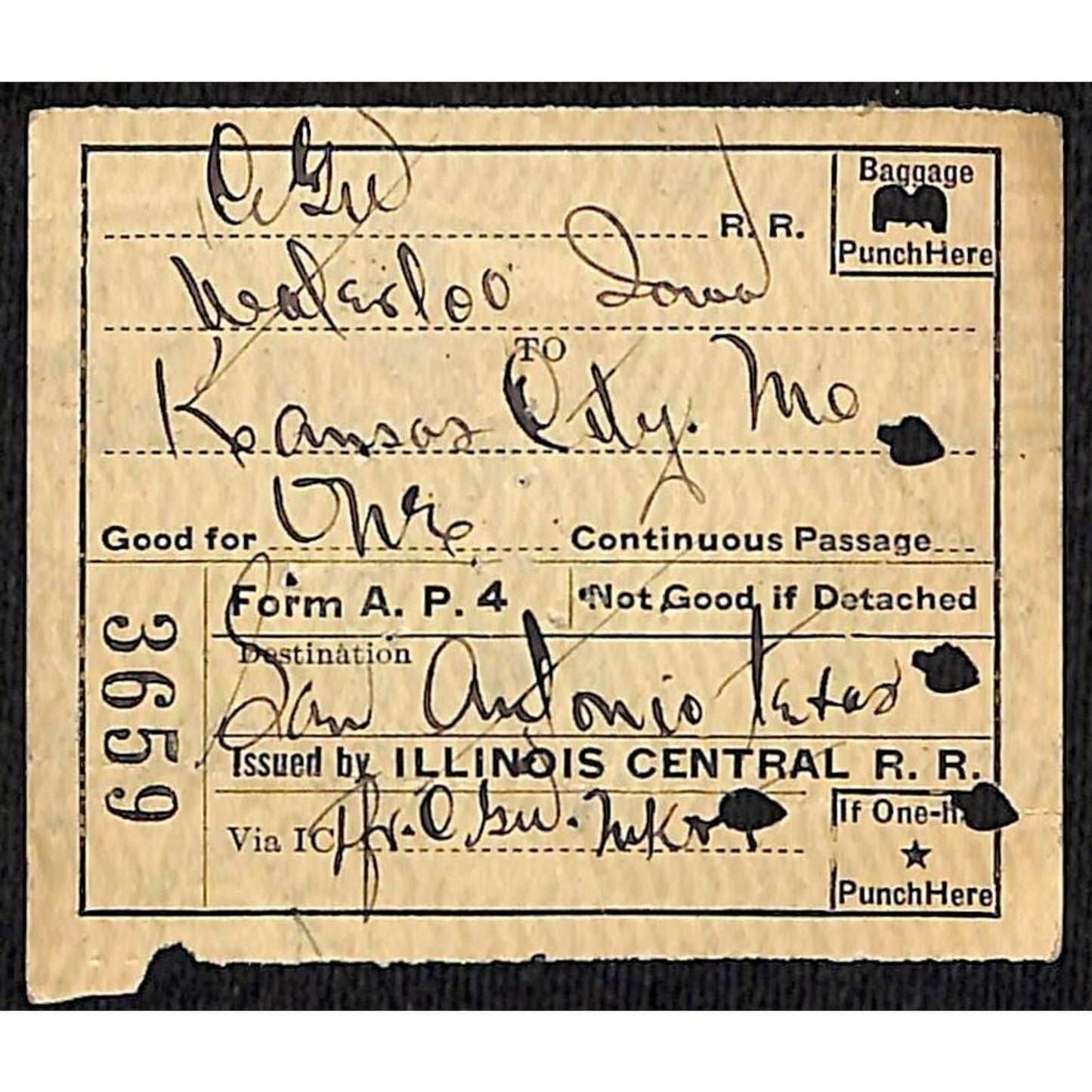 1921 Illinois Central Railroad Ticket San Antonio Waterloo to Kansas City #3659