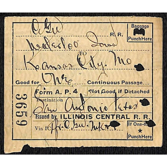 1921 Illinois Central Railroad Ticket San Antonio Waterloo to Kansas City #3659