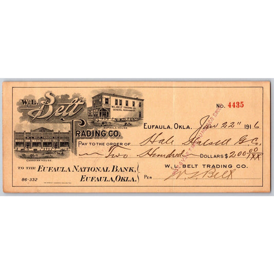 Eufaula Oklahoma 1916 W.L. Belt Trading Co. Bank Check w/ Vignettes