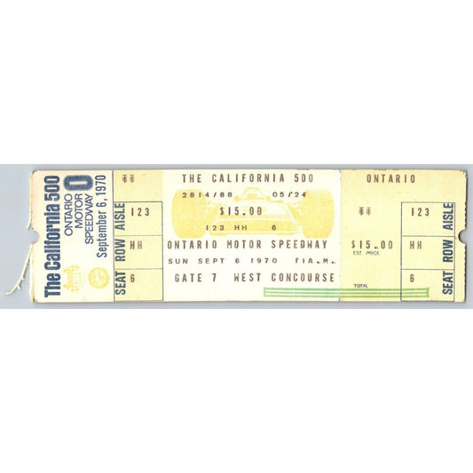 1970 Ontario Motor Speedway "The California 500" Ticket #6 Ron Burton Estate