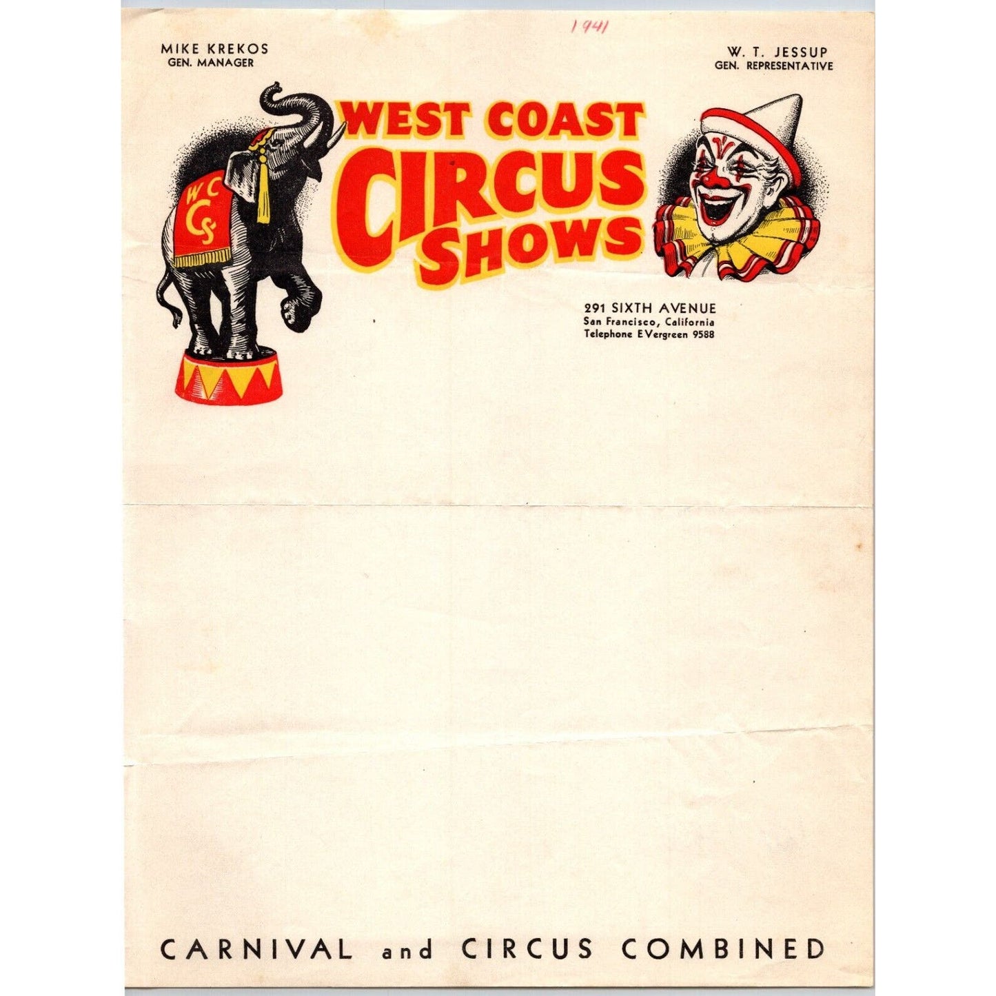 West Coast Circus Shows Letterhead c1941 San Francisco Clown Elephant Scarce