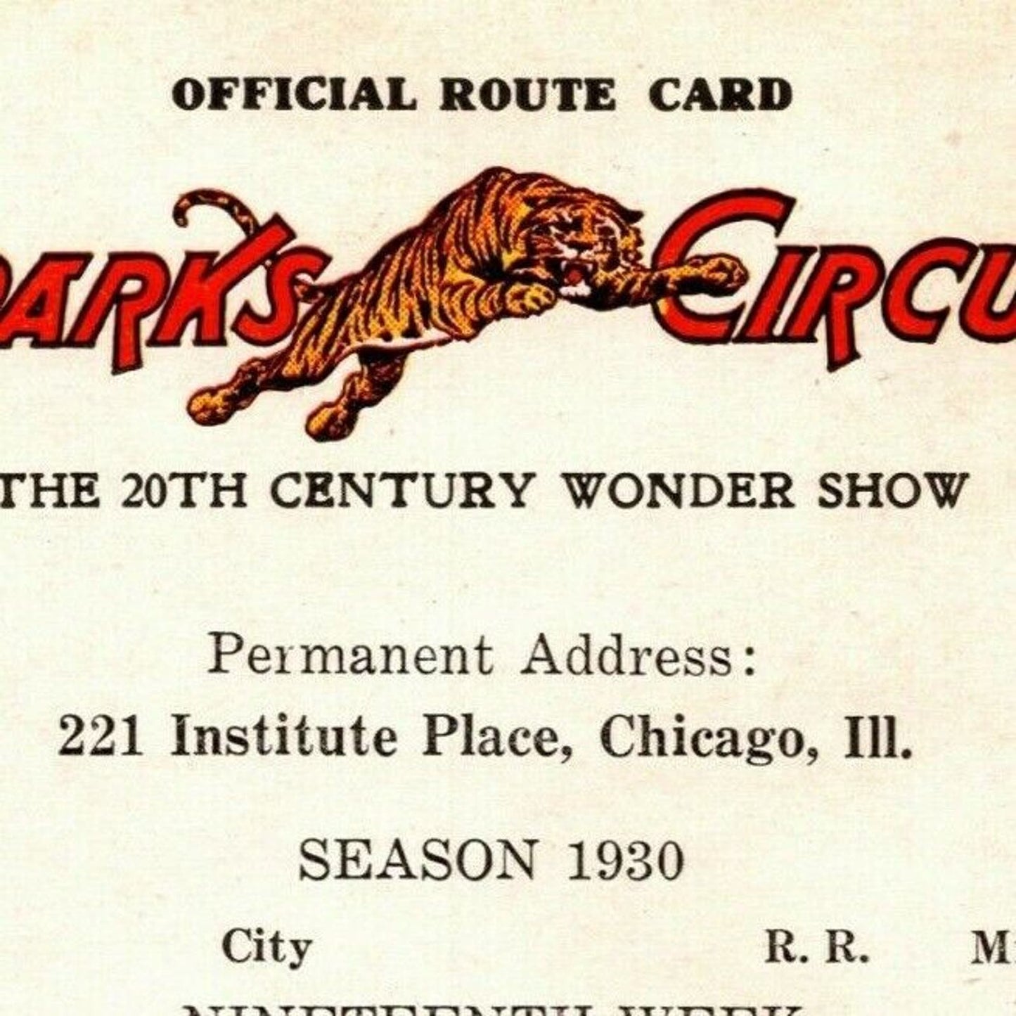 Vintage 1930 Sparks Circus Route Card Tennessee & Alabama Locations - Tiger