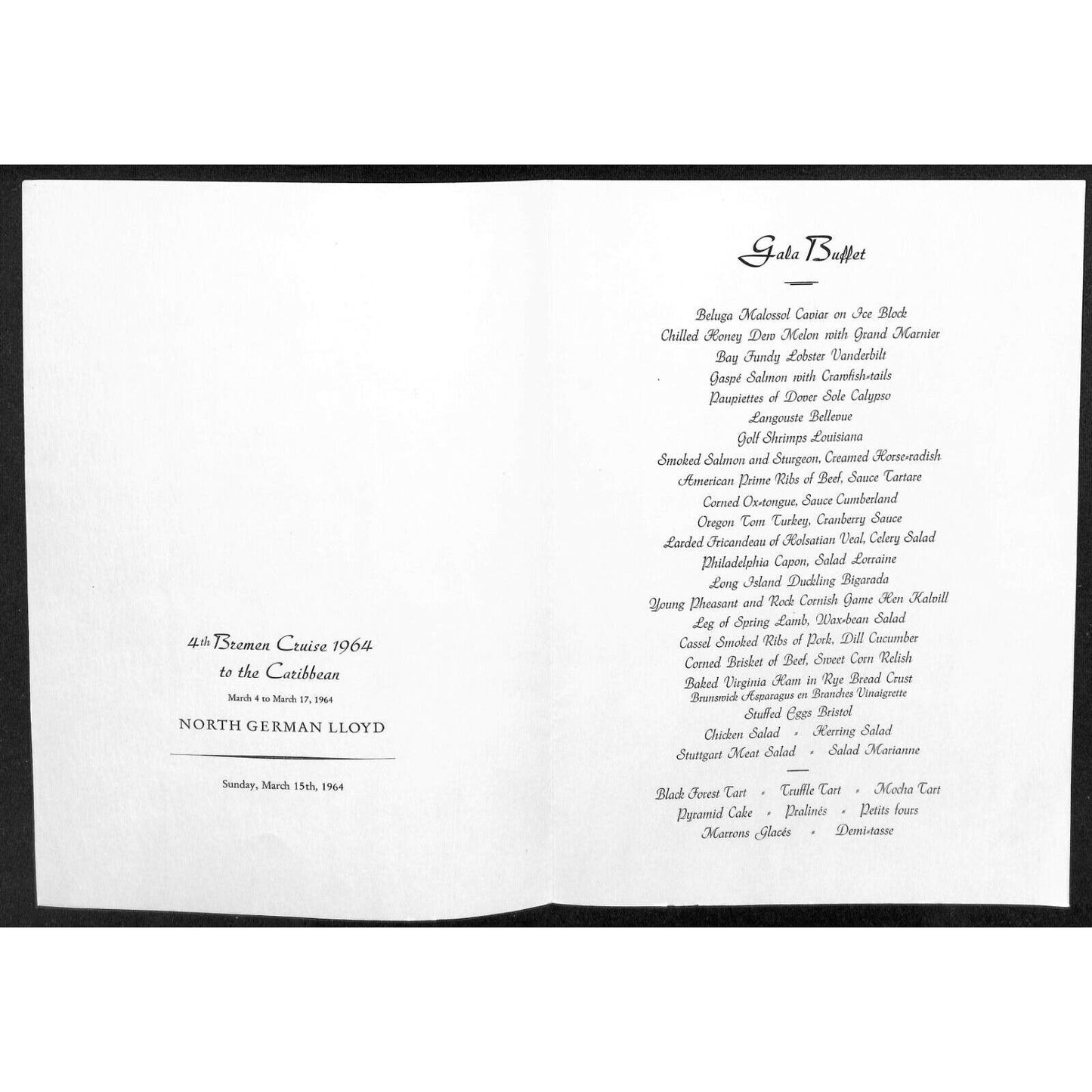 1964 North German Lloyd Bremen Cruise Line Gala Buffet Menu Mar 17