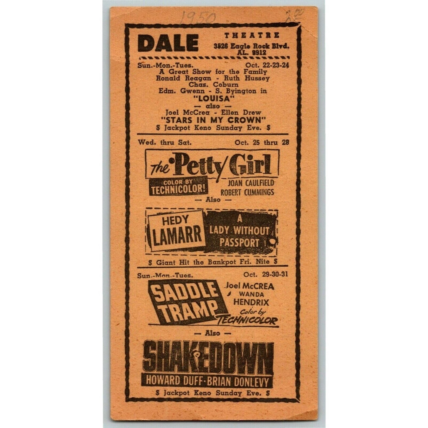 1950 Movie Feature Film Flyer / Hand Out - Dale Theatre, Eagle Rock Blvd, AL