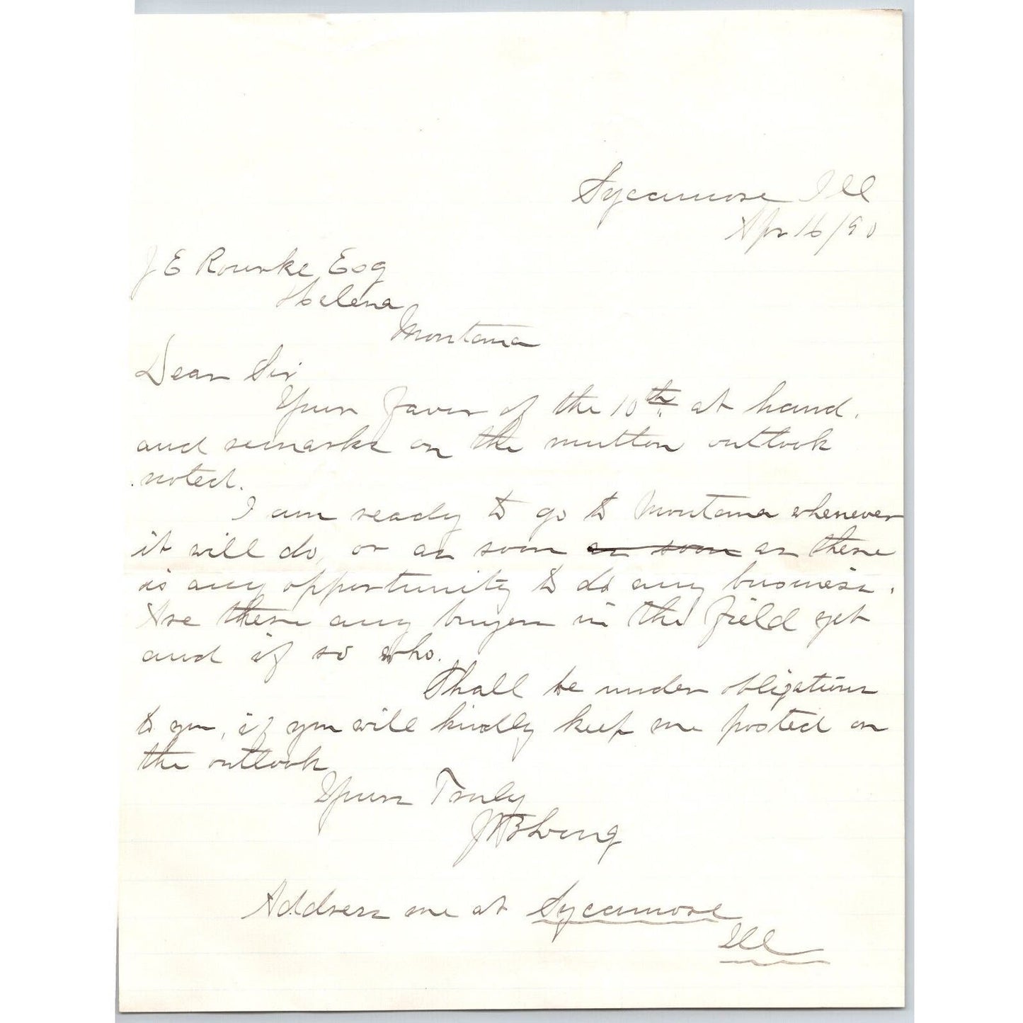 1890 ALS Sycamore, IL - Helena, MT "..Shall be Under Obligation to you.."