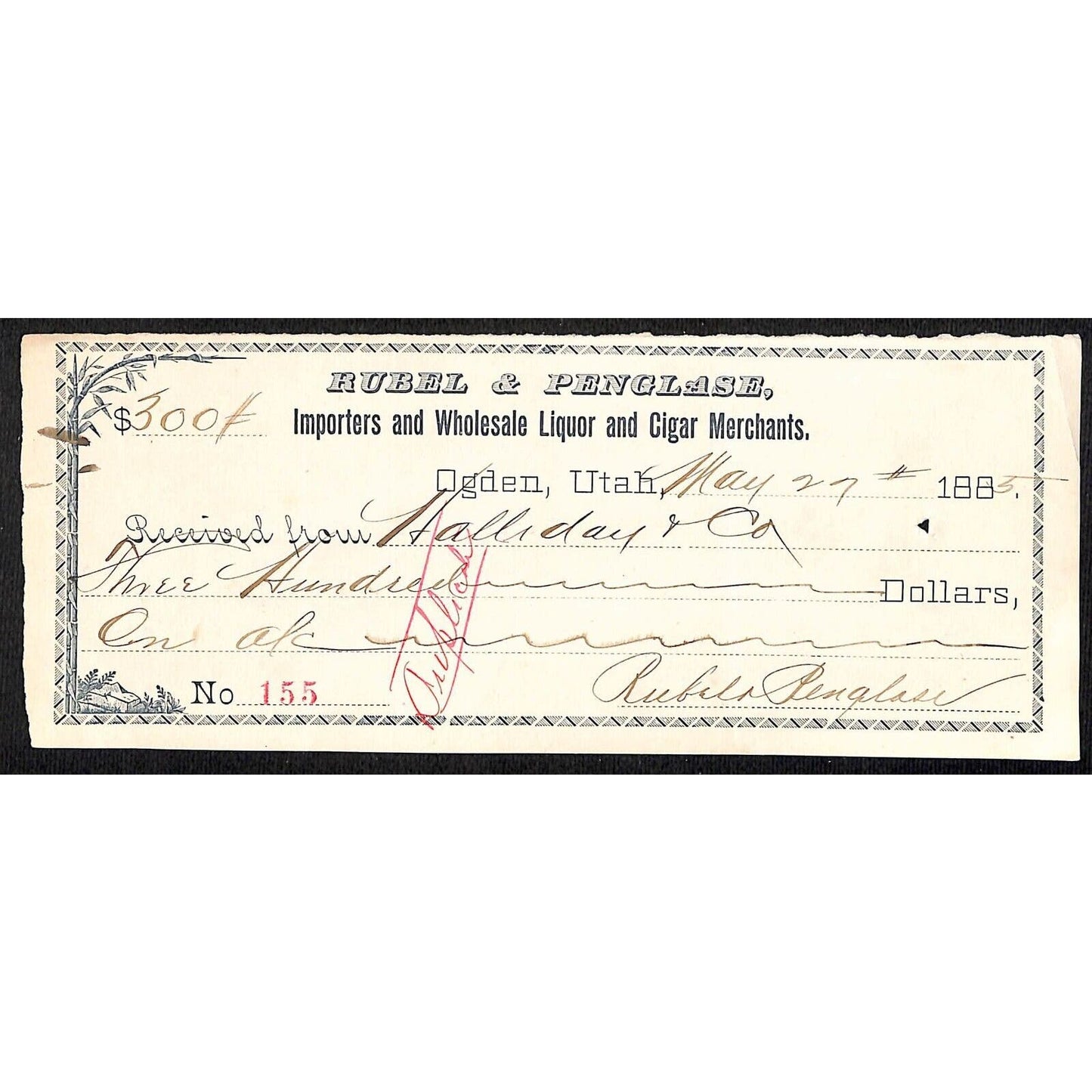 Ogden, Utah Rubel & Penglase Liquor & Cigar Merchants Halliday & Co. Receipt