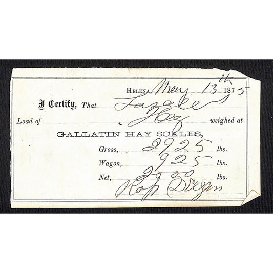 Helena Montana 1875 Gallatin Hay Scales 9000lb Receipt / Billhead