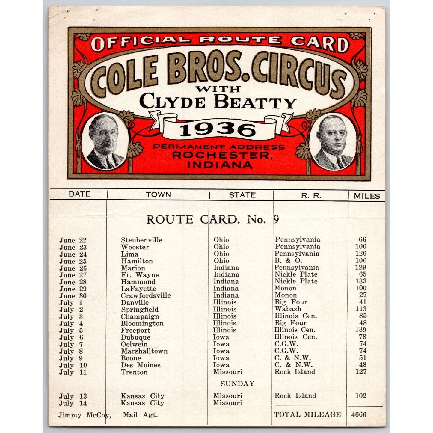 1936 Cole Bros with Clyde Beatty Circus Route Card OH IN IL IA MO