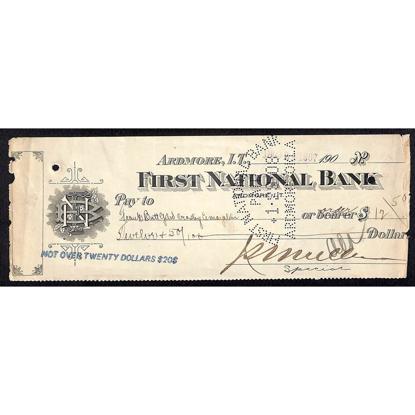 Ardmore, OK 1907 Indian Territory* FNB Check w/ Attractive Punch Cancel - Scarce
