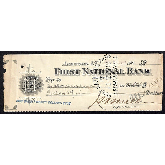 Ardmore, OK 1907 Indian Territory* FNB Check w/ Attractive Punch Cancel - Scarce
