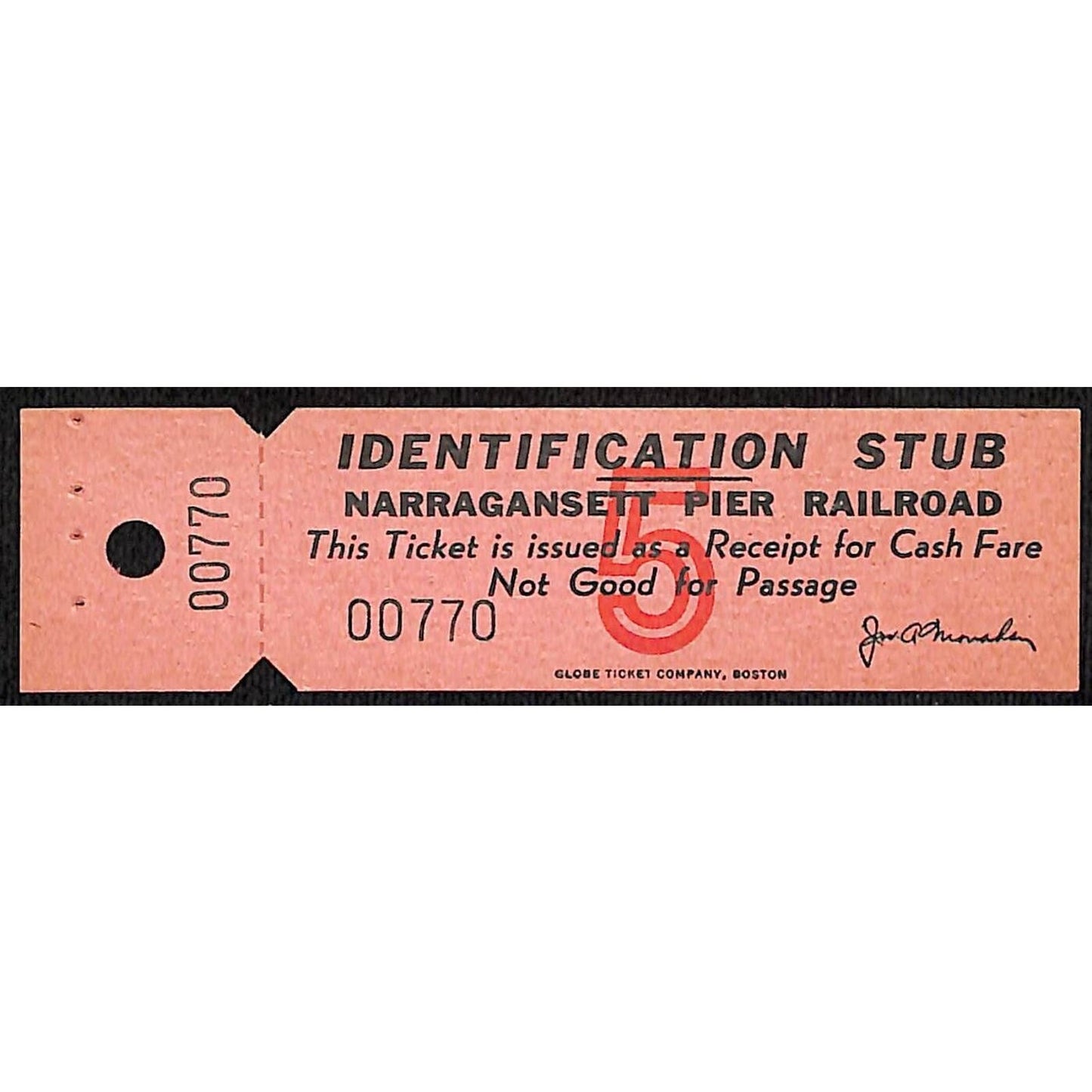 Narraganset Pier Railroad Cash Fare Receipt Identification Stub "5" Scarce