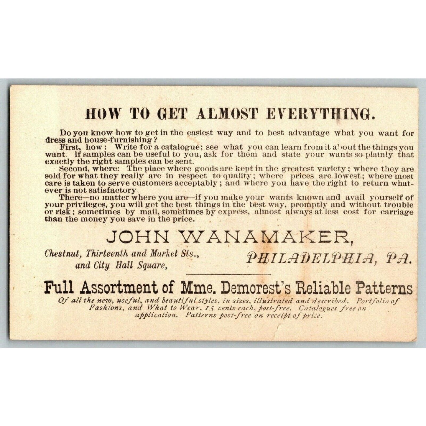 Victorian Trade Card - Maison Demorest Patterns Wannamaker Philadelphia, PA