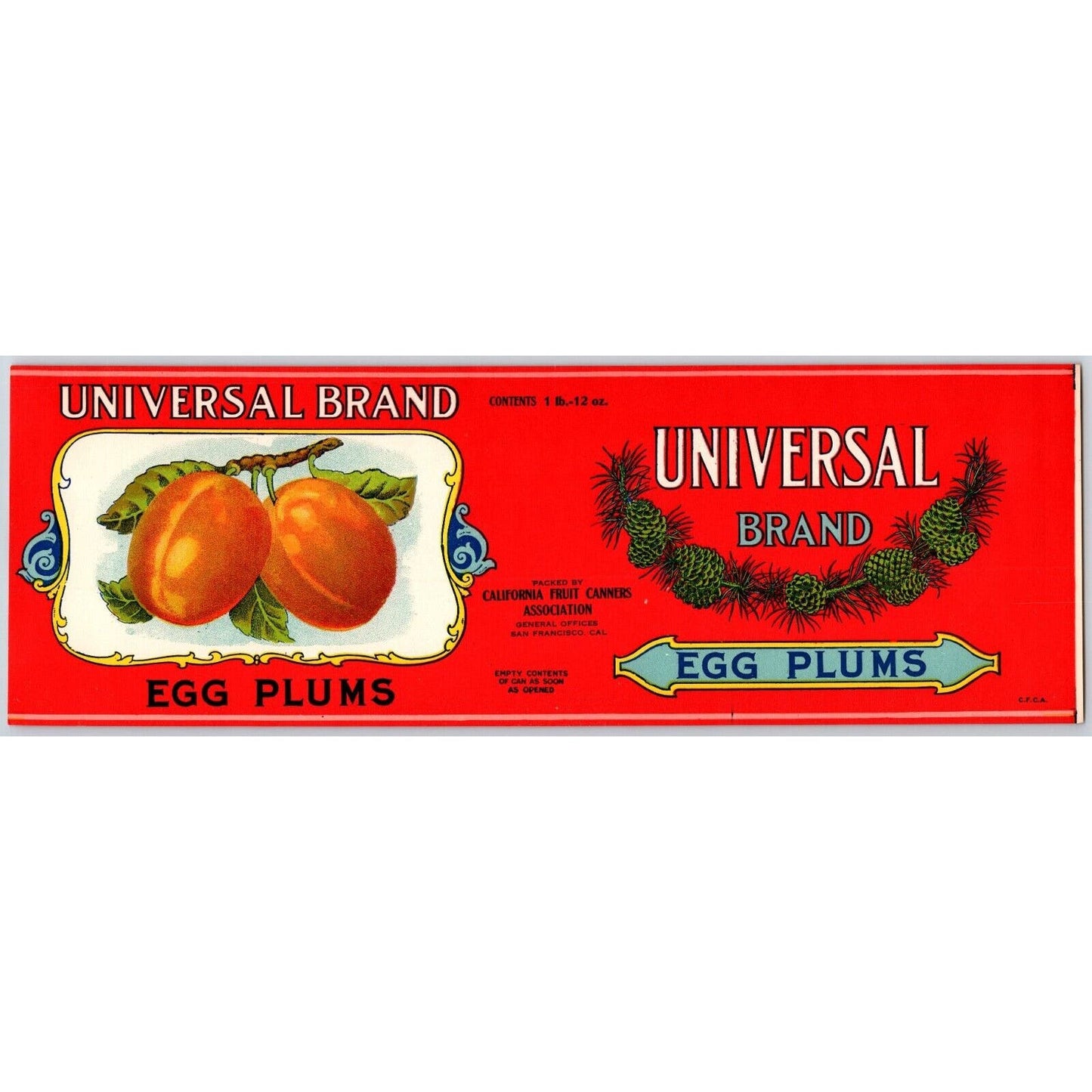 Egg Plums Paper Can Label Universal Brand w/ Pine Cone Art c1920's-30's Scarce