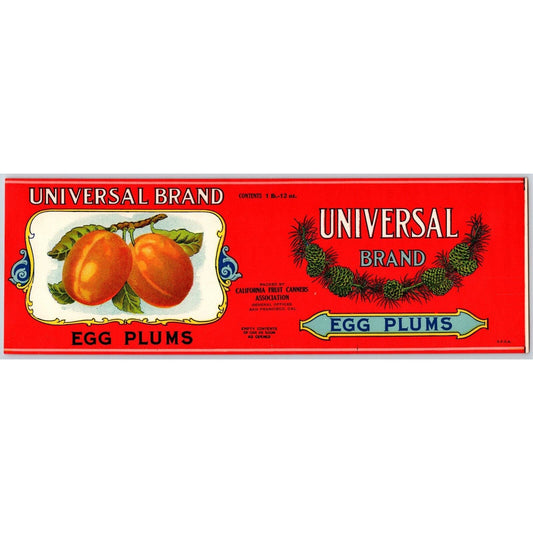 Egg Plums Paper Can Label Universal Brand w/ Pine Cone Art c1920's-30's Scarce