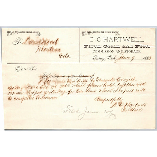 1883 Ouray, CO D.C. Hartwell Flour Grain Feed Letterhead - Scarce