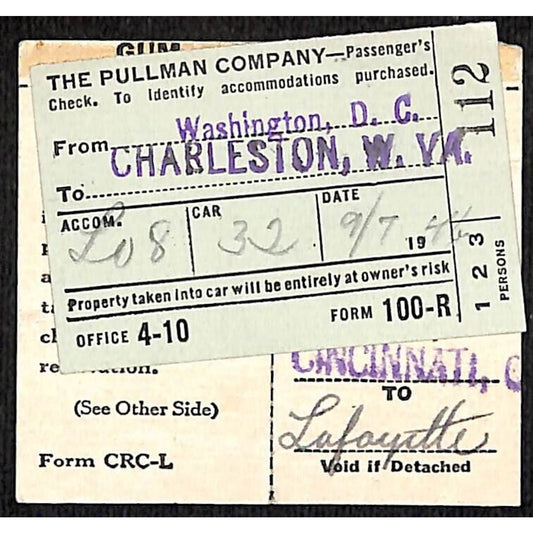 1946 Pullman Co. Passenger Check Affixed to Railroad Ticket D.C. to Charleston