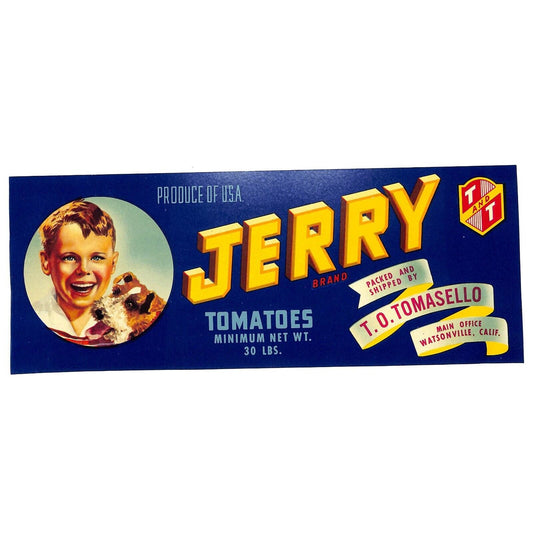 c1940's Paper Vegetable Crate Label Jerry Tomatoes T. A. Tomasello Watsonville