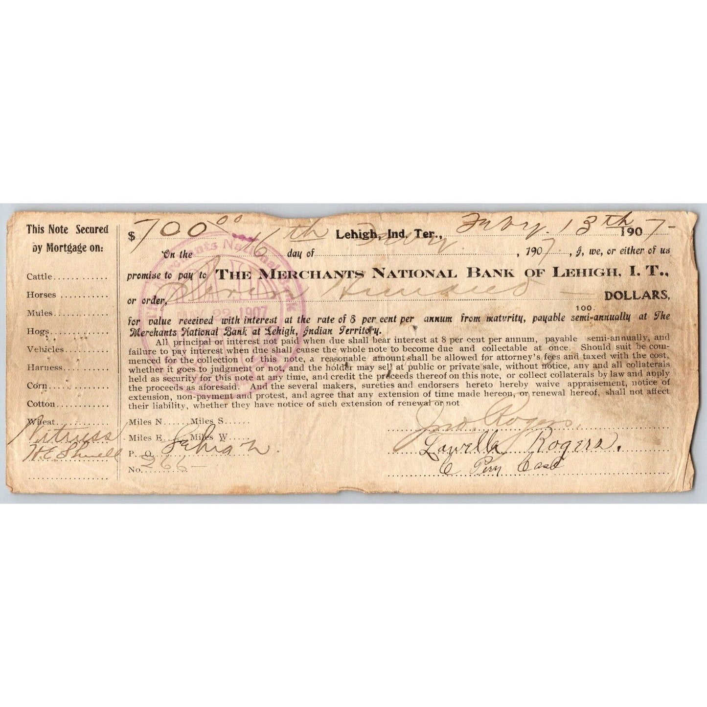 Lehigh, OK Indian Territory 1907 Merchants National Bank $700 Promissory Note